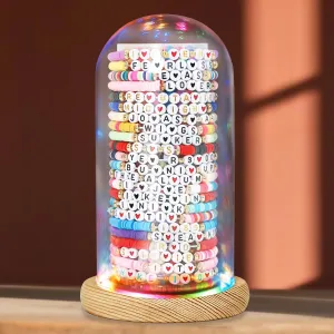Friendship Bracelets Organizer, Glass Jewelry Holder with Light & Wooden Base, Concert Bracelets Stand for Storage Display