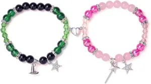 Friendship Matching Bracelets for Friends BFF Elphaba Galinda Wicked Bracelets Rhinestone Crown Witch Hat Compatible Bracelets Green Pink Bead Matching Necklace Couple Heart Matching Jewelry