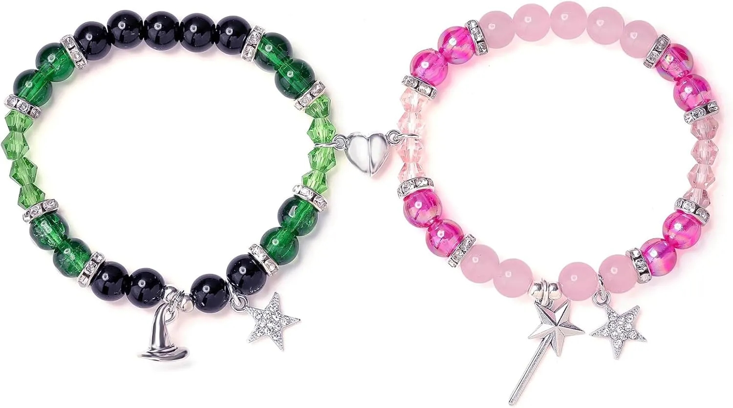 Friendship Matching Bracelets for Friends BFF Elphaba Galinda Wicked Bracelets Rhinestone Crown Witch Hat Compatible Bracelets Green Pink Bead Matching Necklace Couple Heart Matching Jewelry