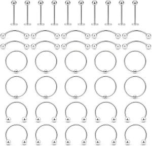 Ftovosyo 20G 40PCS Labret Nipple Lip Rings Nose Hoops Horseshoe Barbell Eyebrow Studs Septum Tragus Cartilage 316 Surgical Steel Jewelry Piercing Kit BCR CBR