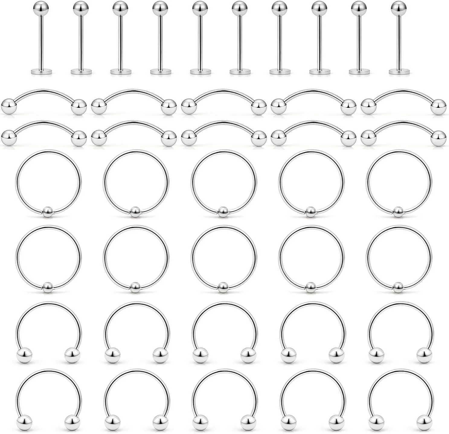 Ftovosyo 20G 40PCS Labret Nipple Lip Rings Nose Hoops Horseshoe Barbell Eyebrow Studs Septum Tragus Cartilage 316 Surgical Steel Jewelry Piercing Kit BCR CBR