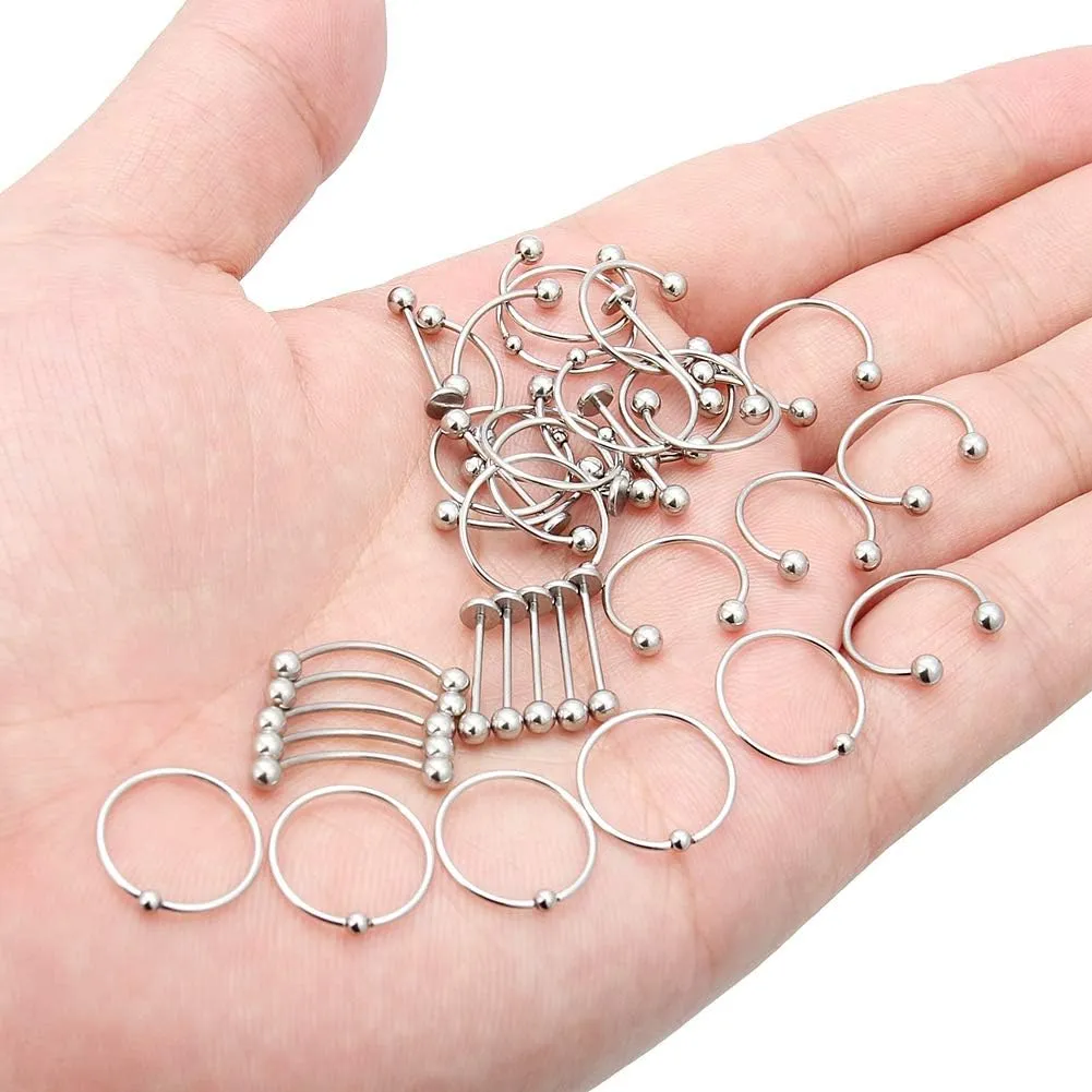 Ftovosyo 20G 40PCS Labret Nipple Lip Rings Nose Hoops Horseshoe Barbell Eyebrow Studs Septum Tragus Cartilage 316 Surgical Steel Jewelry Piercing Kit BCR CBR
