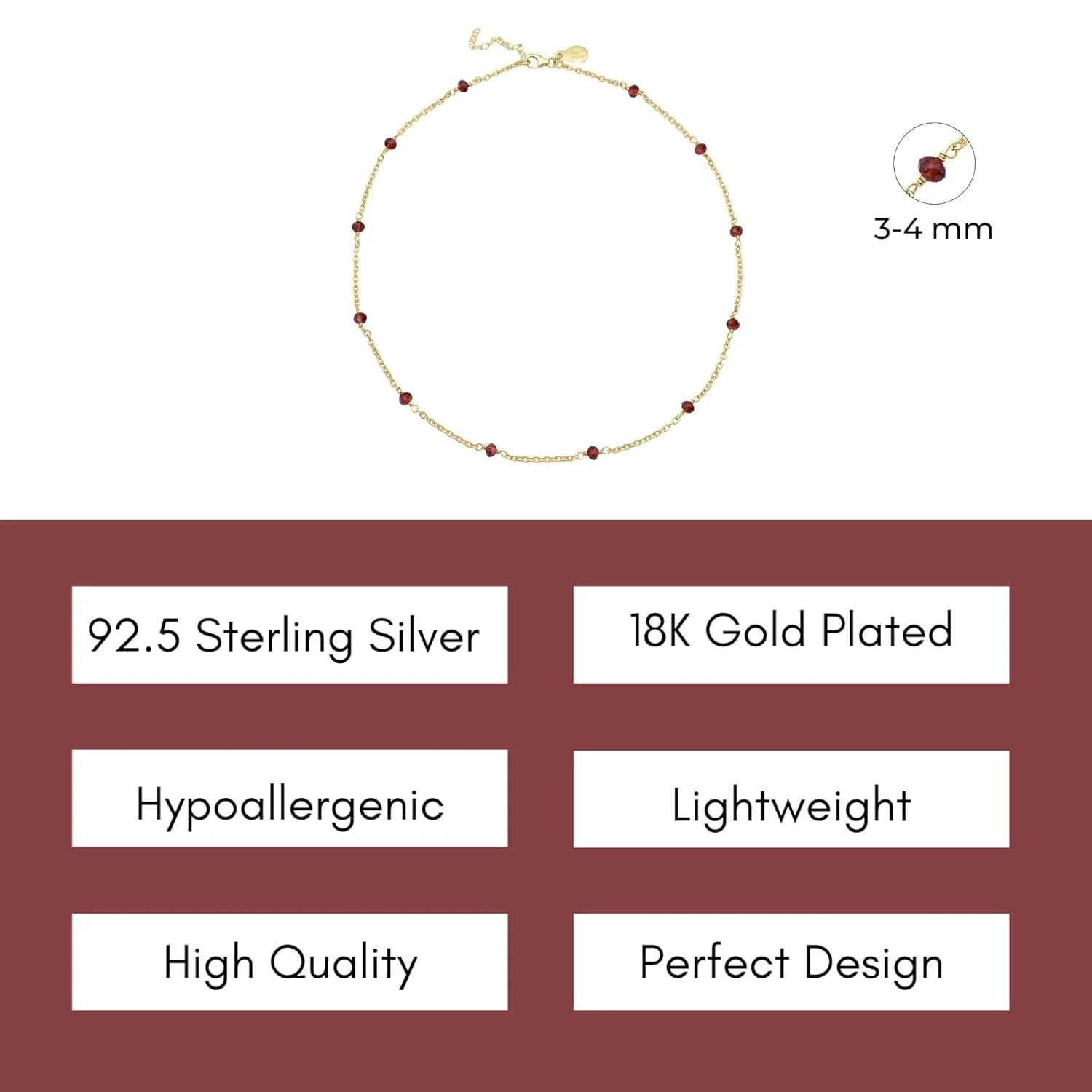 Garnet Necklace for Women, Premium Beaded Gold Necklaces for Women - Tarnish Free 18K Gold Plated Certified S925 Classic Statement Necklace Gold Jewelry for Women - Mothers Day Gifts for Mom Wife
