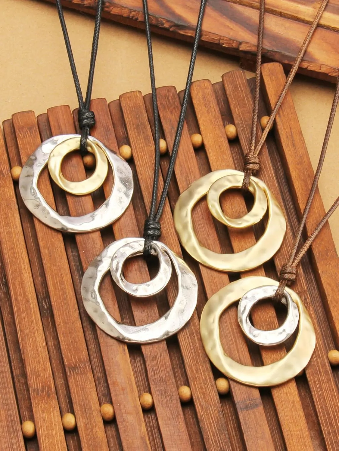 GelConnie Leather Necklace for Women Round Wooden Pendant Long Leather Choker Vintage Sweater Necklace Gold Chunky Boho Necklaces for Women
