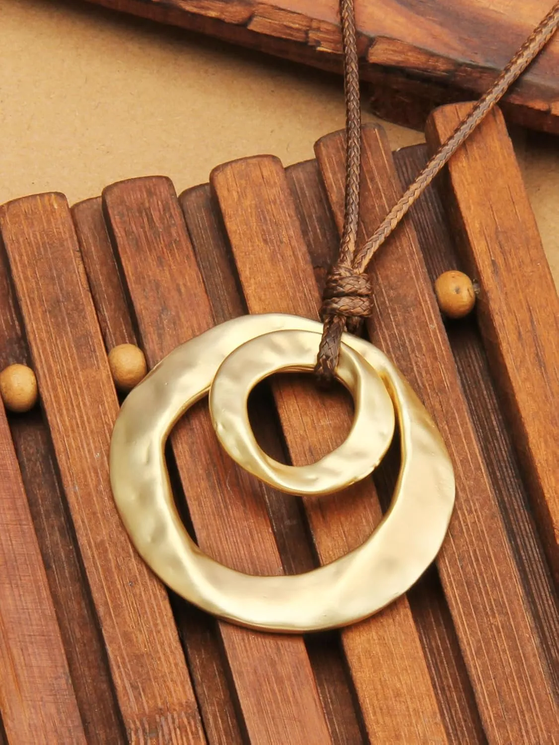 GelConnie Leather Necklace for Women Round Wooden Pendant Long Leather Choker Vintage Sweater Necklace Gold Chunky Boho Necklaces for Women