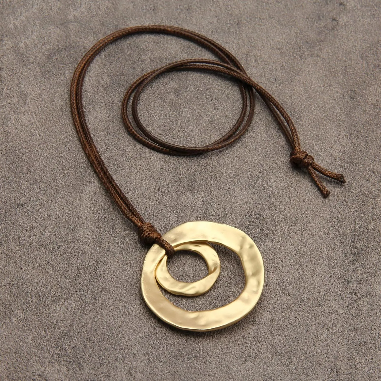 GelConnie Leather Necklace for Women Round Wooden Pendant Long Leather Choker Vintage Sweater Necklace Gold Chunky Boho Necklaces for Women