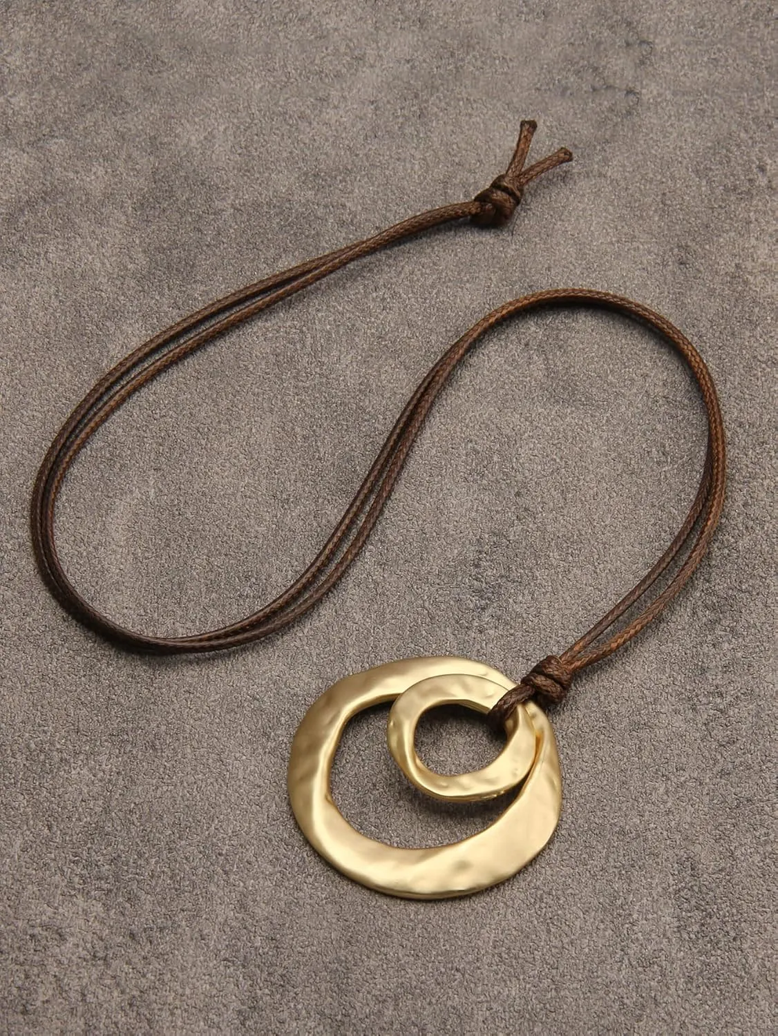 GelConnie Leather Necklace for Women Round Wooden Pendant Long Leather Choker Vintage Sweater Necklace Gold Chunky Boho Necklaces for Women