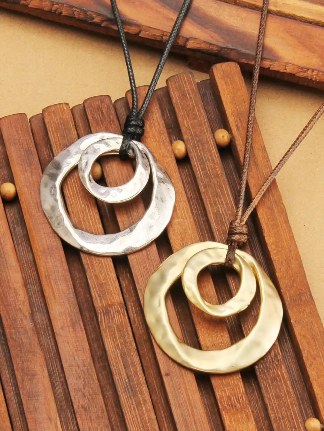 GelConnie Leather Necklace for Women Round Wooden Pendant Long Leather Choker Vintage Sweater Necklace Gold Chunky Boho Necklaces for Women