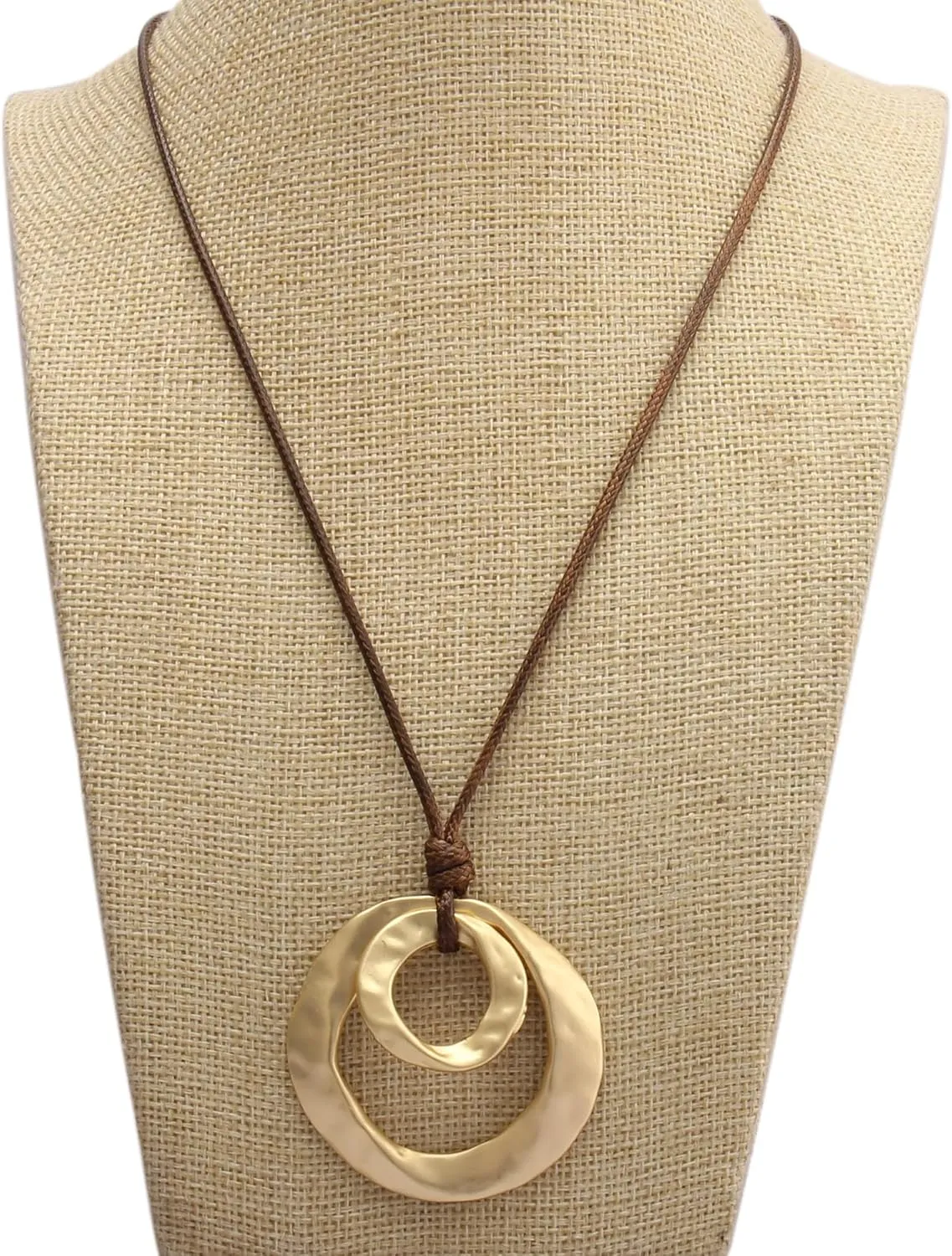 GelConnie Leather Necklace for Women Round Wooden Pendant Long Leather Choker Vintage Sweater Necklace Gold Chunky Boho Necklaces for Women