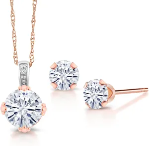Gem Stone King 10K Rose Gold White Moissanite Pendant and Earrings Jewelry Set For Women | Round 6MM and 4MM | 1.26 Cttw | With 18 Inch Chain