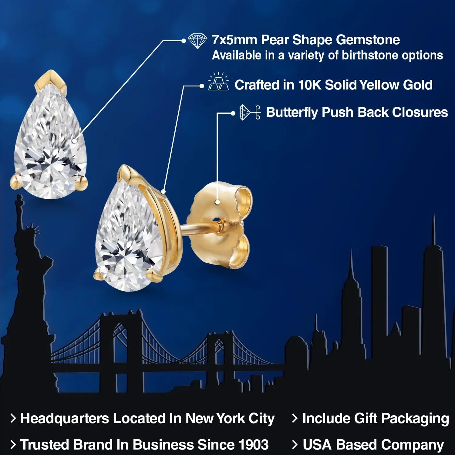 Gem Stone King 10K Yellow Gold 7X5MM Pear Shape Gemstone Birthstone Teardrop Stud Earrings for Women