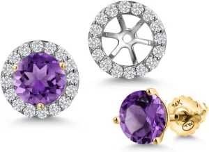 Gem Stone King 14K Two Tone Gold Gemstone Birthstone and Lab Grown Diamond Removable Jacket Stud Halo Earrings For Women | Round 6MM | With Secure Screw Back | Fine Jewelry Gifts for Her Mom Wife
