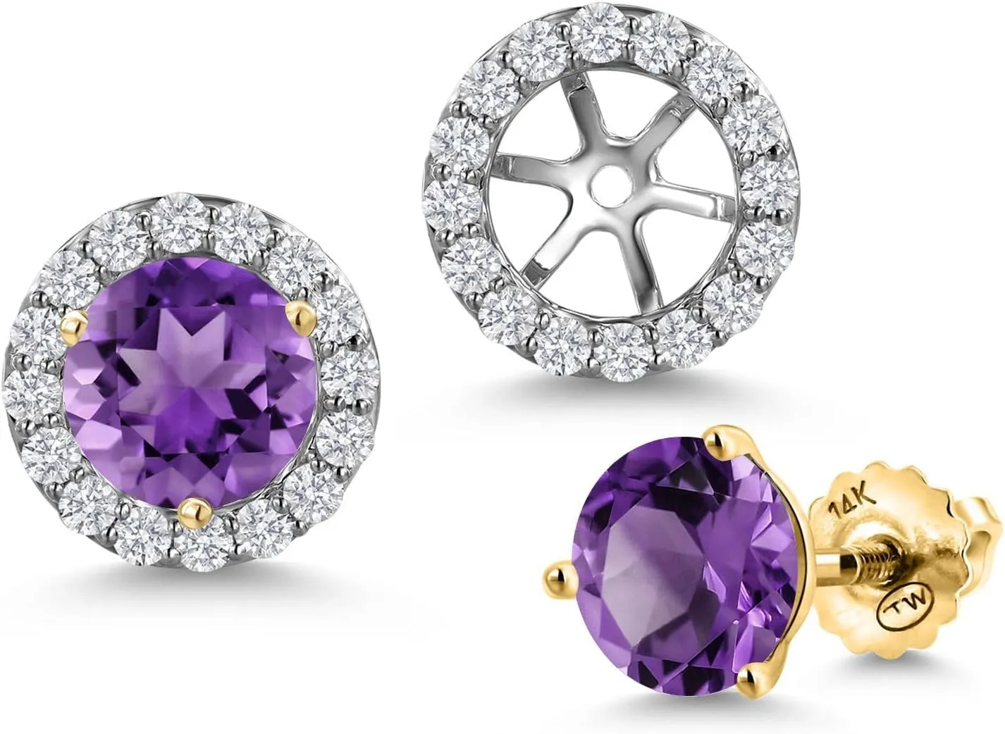 Gem Stone King 14K Two Tone Gold Gemstone Birthstone and Lab Grown Diamond Removable Jacket Stud Halo Earrings For Women | Round 6MM | With Secure Screw Back | Fine Jewelry Gifts for Her Mom Wife