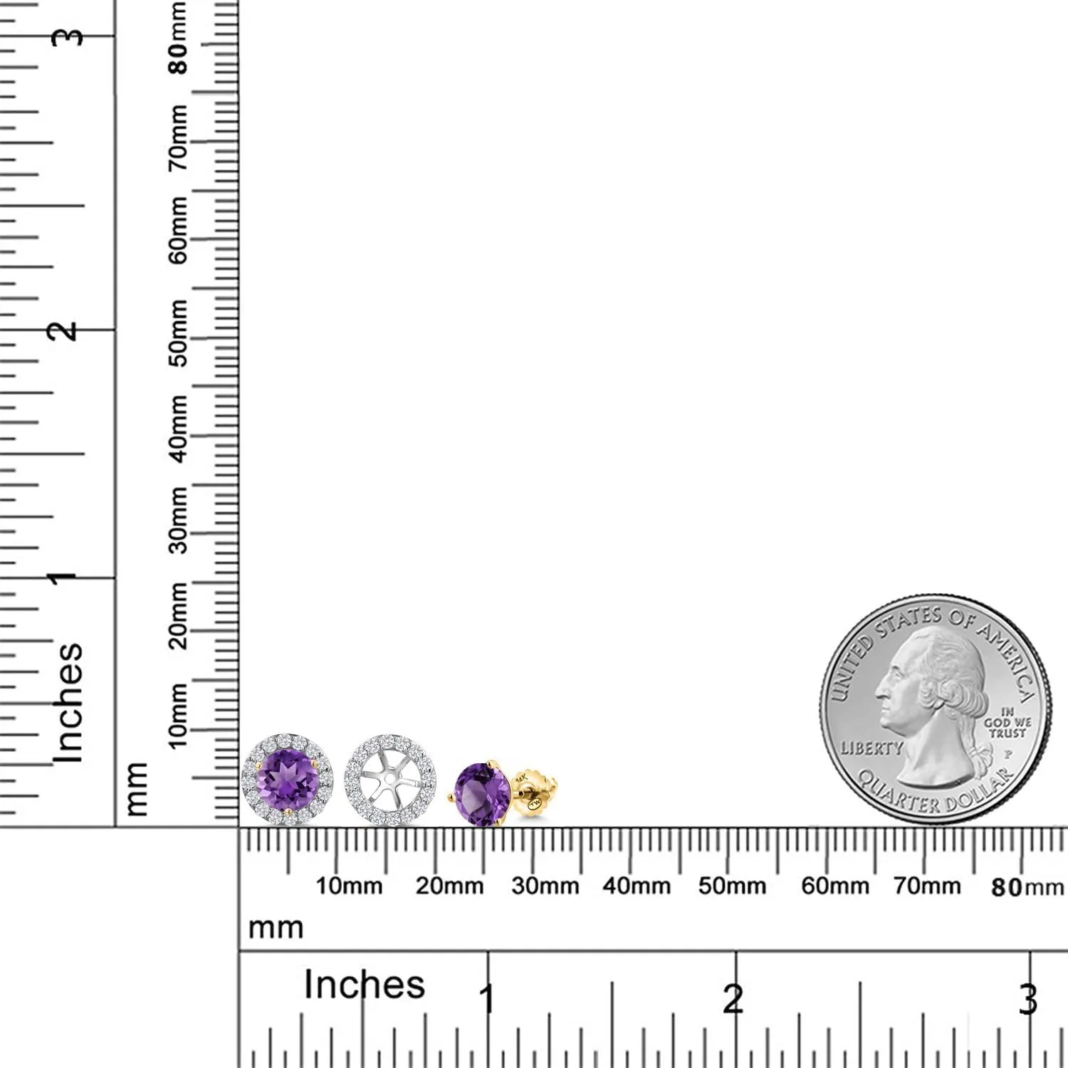 Gem Stone King 14K Two Tone Gold Gemstone Birthstone and Lab Grown Diamond Removable Jacket Stud Halo Earrings For Women | Round 6MM | With Secure Screw Back | Fine Jewelry Gifts for Her Mom Wife