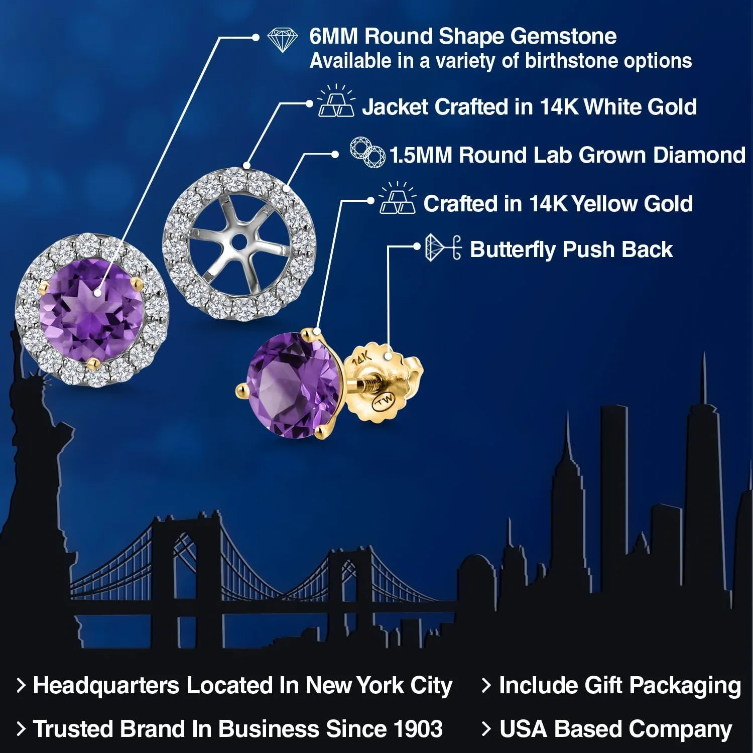 Gem Stone King 14K Two Tone Gold Gemstone Birthstone and Lab Grown Diamond Removable Jacket Stud Halo Earrings For Women | Round 6MM | With Secure Screw Back | Fine Jewelry Gifts for Her Mom Wife