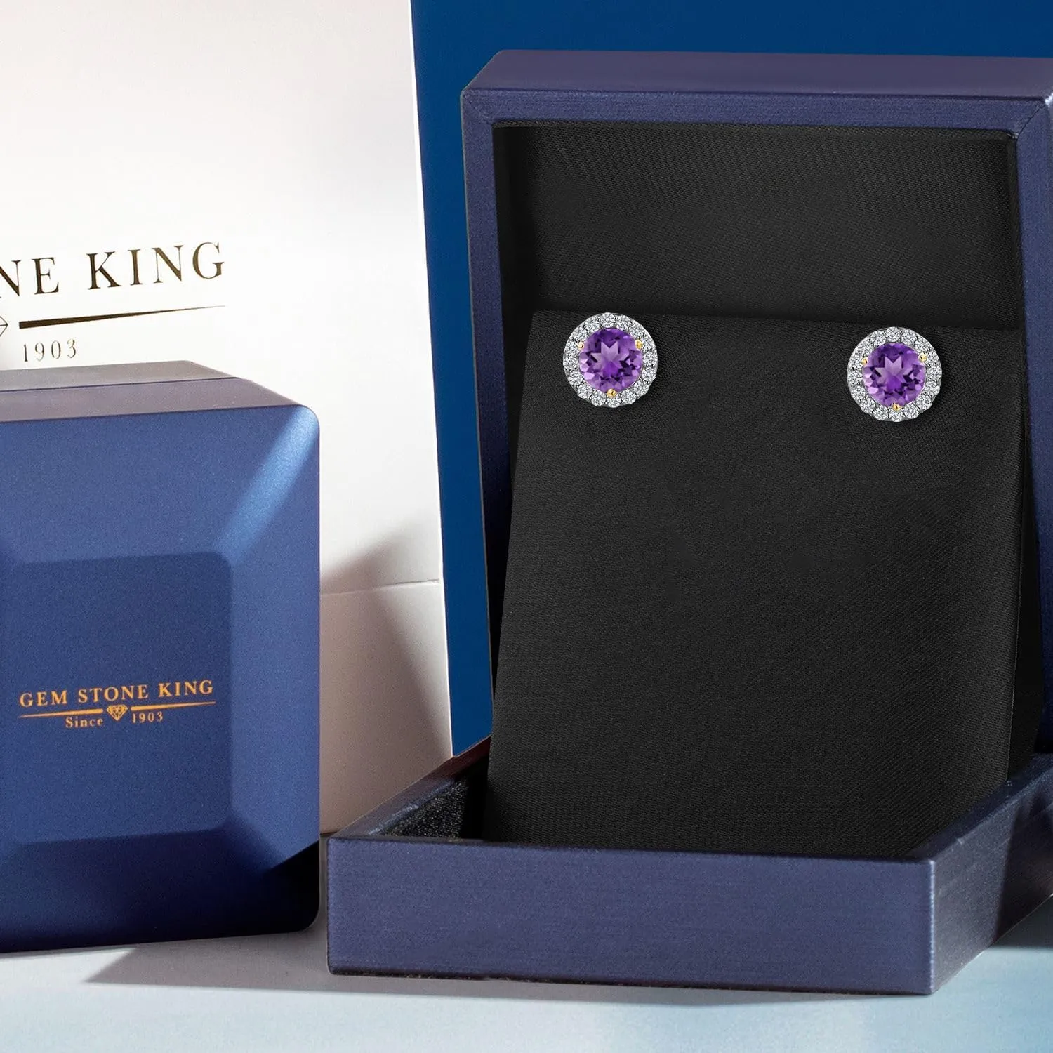 Gem Stone King 14K Two Tone Gold Gemstone Birthstone and Lab Grown Diamond Removable Jacket Stud Halo Earrings For Women | Round 6MM | With Secure Screw Back | Fine Jewelry Gifts for Her Mom Wife