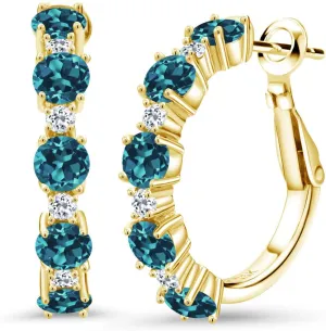 Gem Stone King 18K Yellow Gold Plated Silver Gemstone Birthstone and White Topaz Hoop Earrings for Women | Round Cut 4MM and 1.9MM Stones | 1 Inch Diameter Hoops | Fine Jewelry for Her Mom Wife Women