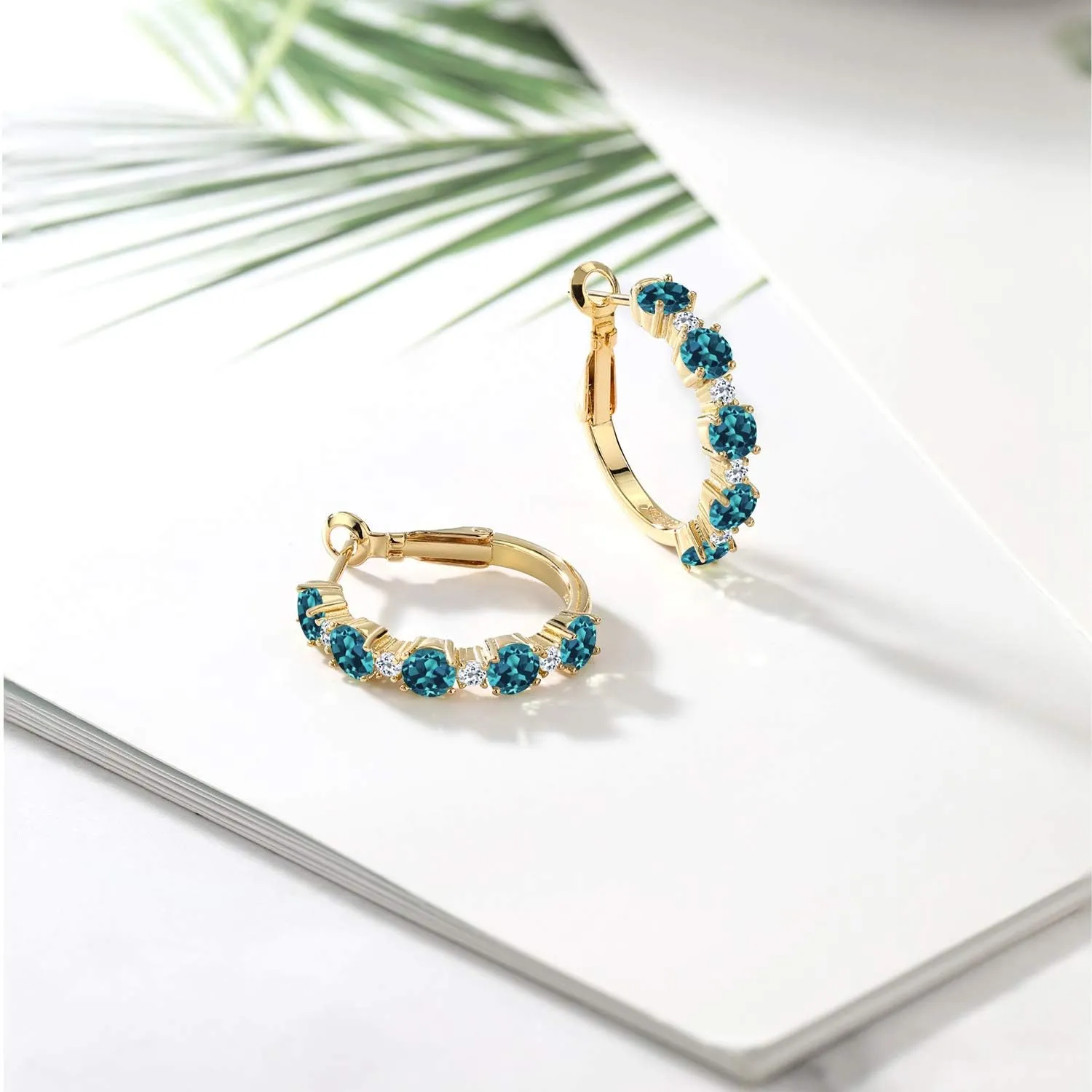 Gem Stone King 18K Yellow Gold Plated Silver Gemstone Birthstone and White Topaz Hoop Earrings for Women | Round Cut 4MM and 1.9MM Stones | 1 Inch Diameter Hoops | Fine Jewelry for Her Mom Wife Women