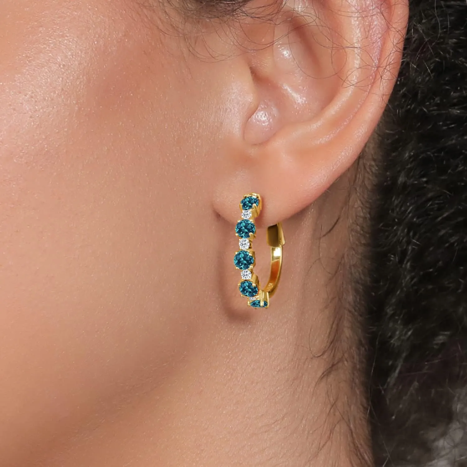Gem Stone King 18K Yellow Gold Plated Silver Gemstone Birthstone and White Topaz Hoop Earrings for Women | Round Cut 4MM and 1.9MM Stones | 1 Inch Diameter Hoops | Fine Jewelry for Her Mom Wife Women