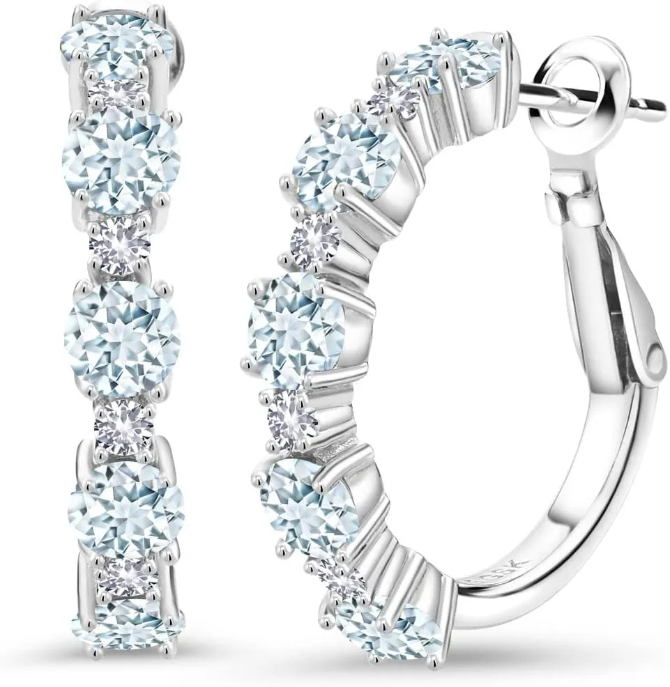Gem Stone King 925 Sterling Silver Gemstone Birthstone and White Created Sapphire Hoop Earrings for Women | Round Cut 4MM and 1.9MM Stones | 1 Inch Diameter Hoops | Fine Jewelry for Her Mom Wife Women