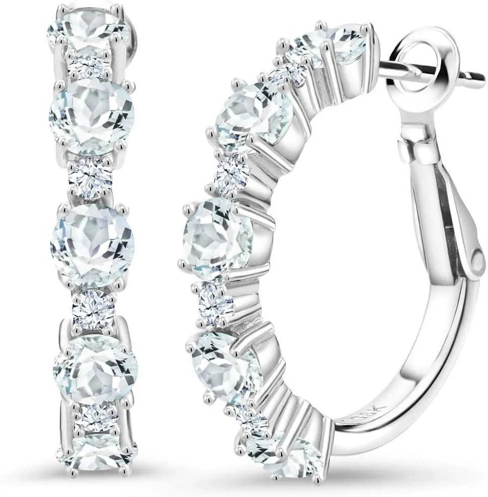 Gem Stone King 925 Sterling Silver Gemstone Birthstone and White Created Sapphire Hoop Earrings for Women | Round Cut 4MM and 1.9MM Stones | 1 Inch Diameter Hoops | Fine Jewelry for Her Mom Wife Women