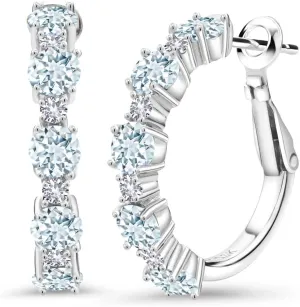 Gem Stone King 925 Sterling Silver Gemstone Birthstone and White Created Sapphire Hoop Earrings for Women | Round Cut 4MM and 1.9MM Stones | 1 Inch Diameter Hoops | Fine Jewelry for Her Mom Wife Women