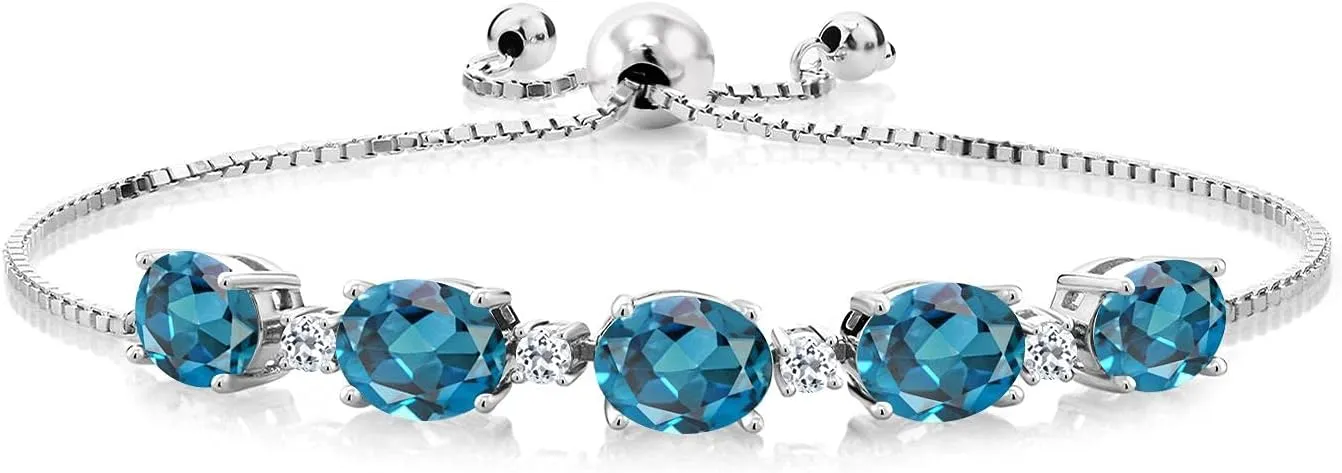 Gem Stone King 925 Sterling Silver Gemstone Birthstone and White Topaz Tennis Bracelet for Women | Oval 8X6MM with Round 2.5MM Accents | Adjustable Bolo Chain | Fine Jewelry for Her Mom Wife