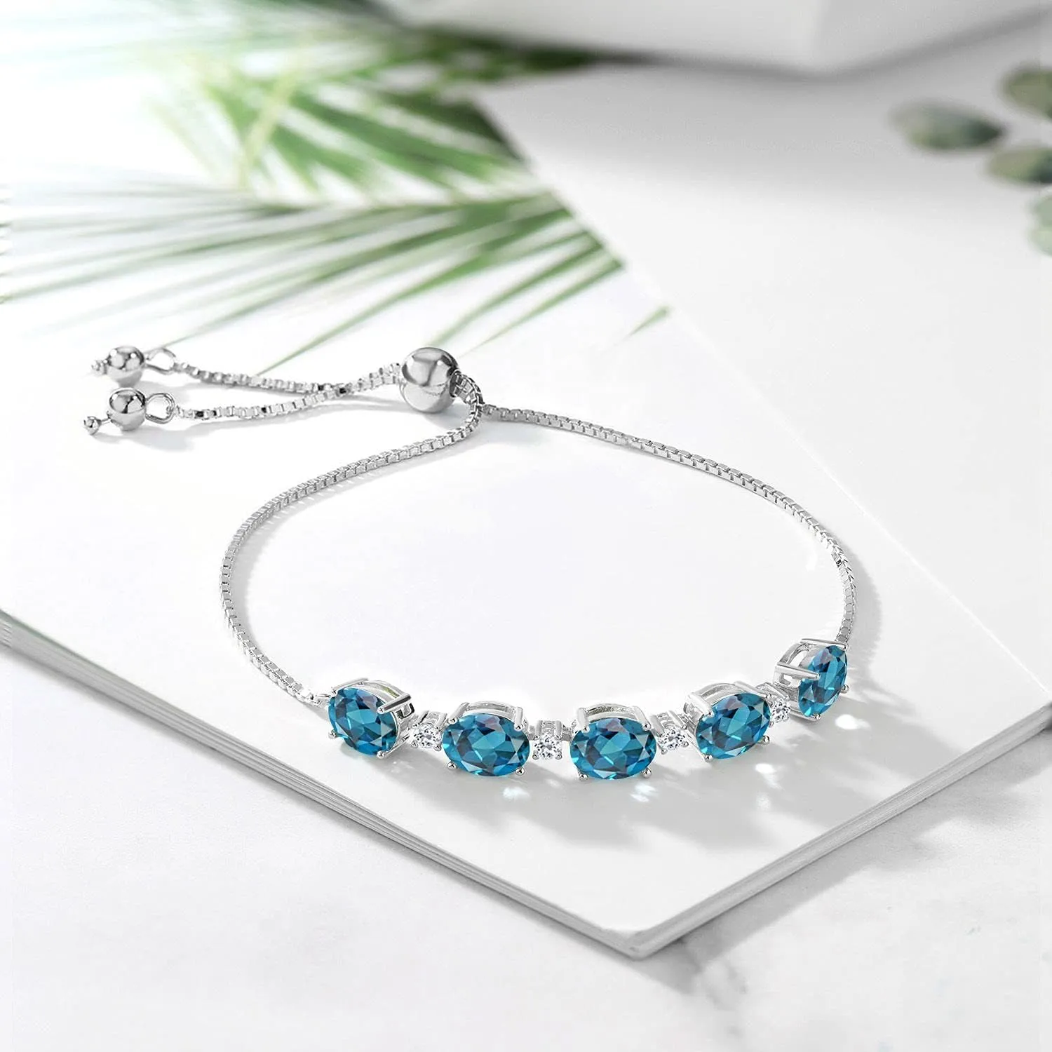 Gem Stone King 925 Sterling Silver Gemstone Birthstone and White Topaz Tennis Bracelet for Women | Oval 8X6MM with Round 2.5MM Accents | Adjustable Bolo Chain | Fine Jewelry for Her Mom Wife