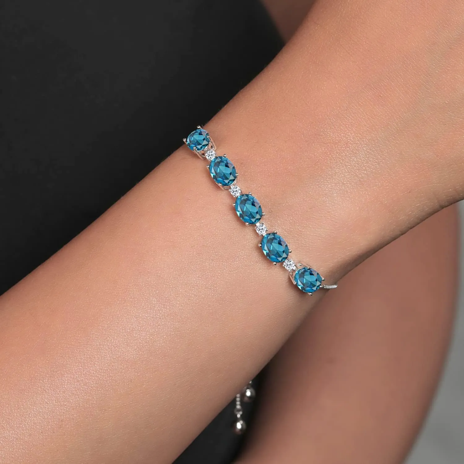 Gem Stone King 925 Sterling Silver Gemstone Birthstone and White Topaz Tennis Bracelet for Women | Oval 8X6MM with Round 2.5MM Accents | Adjustable Bolo Chain | Fine Jewelry for Her Mom Wife