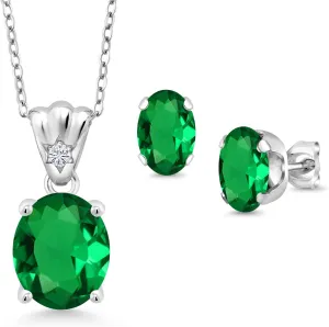 Gem Stone King 925 Sterling Silver Green Nano Emerald and White Lab Grown Diamond Pendant and Earrings Jewelry Set For Women (4.29 Cttw, Oval 11X9MM and 8X6MM with 18 Inch Silver Chain)