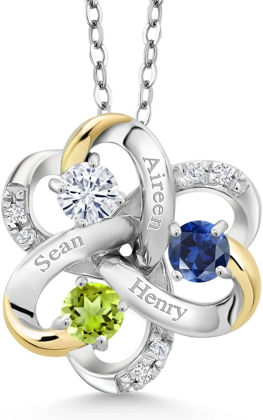 Gem Stone King Customized and Personalized 3-Stone Gemstone Birthstones Engraved 925 Sterling Silver and 10K Yellow Gold Lab Grown Diamond Pendant Necklace For Women with 18-Inch Chain