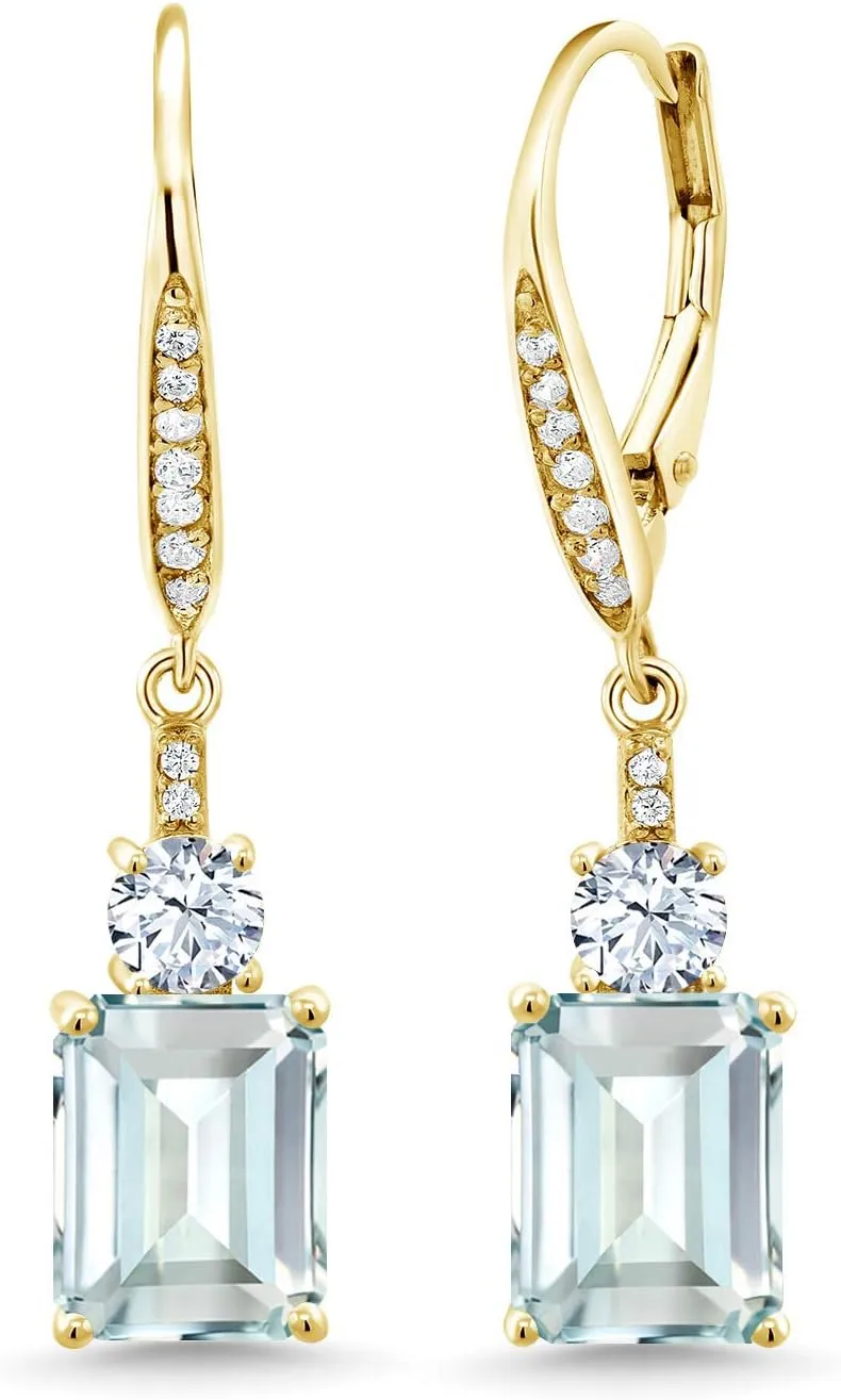 Gem Stone King Drop Dangle Earrings For Women | 18K Yellow Gold Plated Silver | Emerald Cut 9X7MM Gemstone Birthstone | Fine Jewelry Gifts for Her Mom Anniversary Wedding