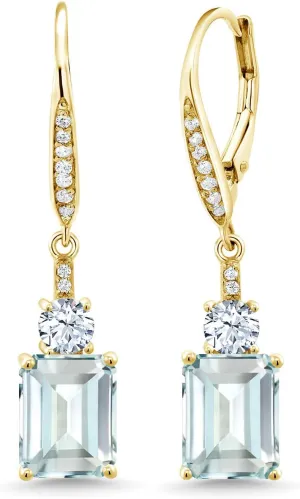 Gem Stone King Drop Dangle Earrings For Women | 18K Yellow Gold Plated Silver | Emerald Cut 9X7MM Gemstone Birthstone | Fine Jewelry Gifts for Her Mom Anniversary Wedding