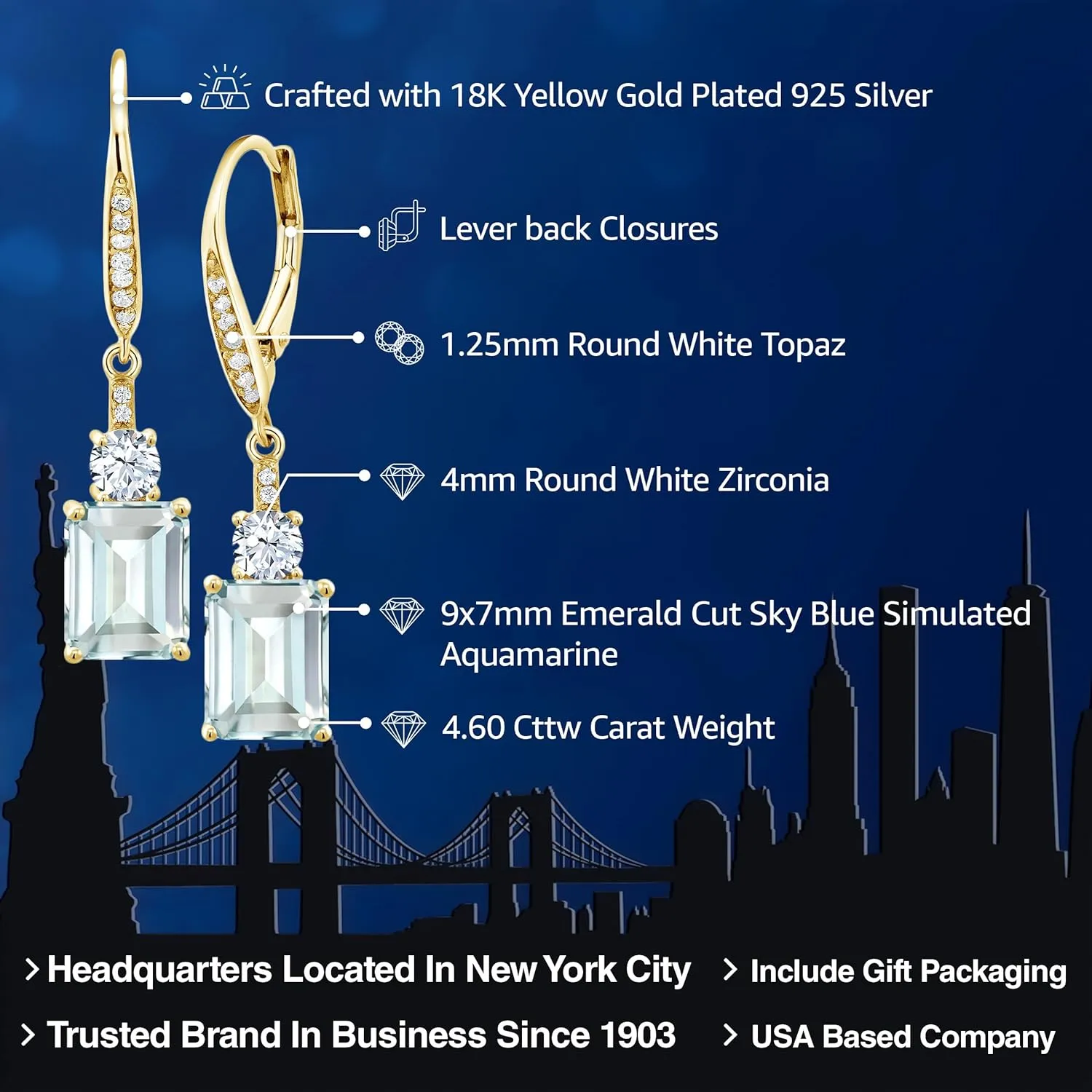 Gem Stone King Drop Dangle Earrings For Women | 18K Yellow Gold Plated Silver | Emerald Cut 9X7MM Gemstone Birthstone | Fine Jewelry Gifts for Her Mom Anniversary Wedding