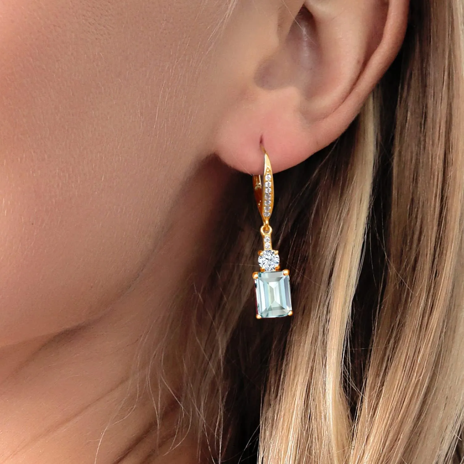 Gem Stone King Drop Dangle Earrings For Women | 18K Yellow Gold Plated Silver | Emerald Cut 9X7MM Gemstone Birthstone | Fine Jewelry Gifts for Her Mom Anniversary Wedding