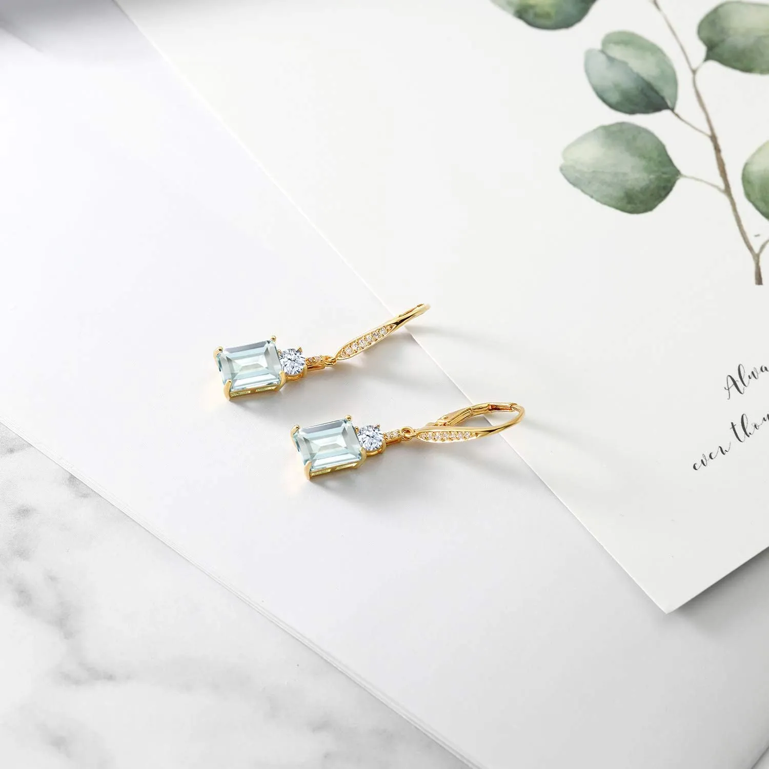 Gem Stone King Drop Dangle Earrings For Women | 18K Yellow Gold Plated Silver | Emerald Cut 9X7MM Gemstone Birthstone | Fine Jewelry Gifts for Her Mom Anniversary Wedding