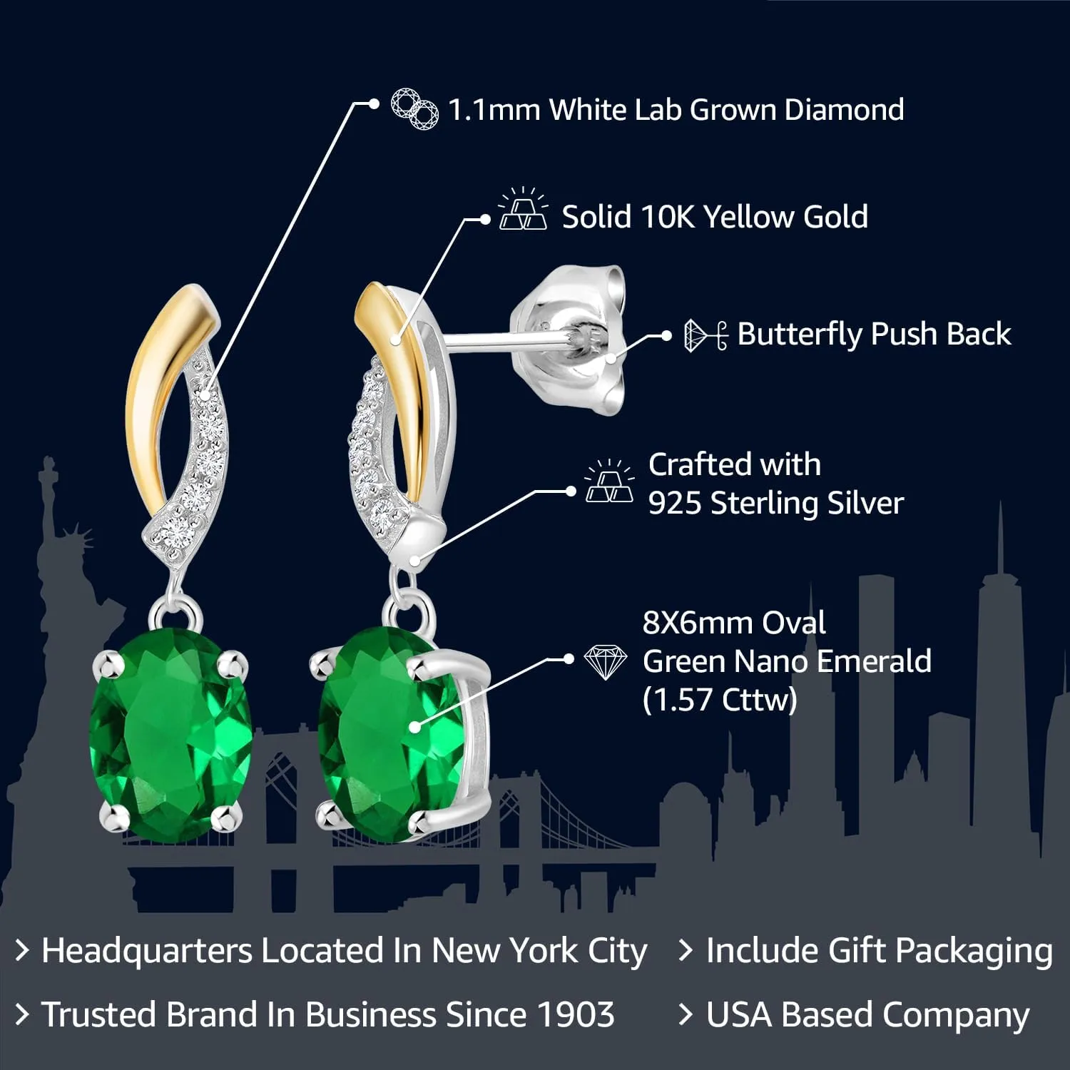 Gem Stone King Drop Dangle Earrings For Women | 8X6MM Oval Gemstone Birthstone and Lab Grown Diamond | 925 Silver and 10K Yellow Gold | Fine Jewelry Gifts for Her Mom Women Wife