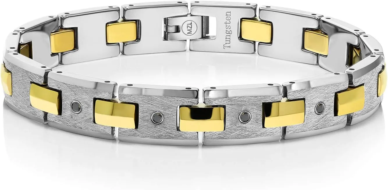 Gem Stone King Mens Matte Finished Tungsten 4 Black Diamond Bracelet with Gold Plated Connector Links & Safety Clasp (0.15 Cttw, VS-SI Clarity, Lifetime Scratch Proof Guarantee, 8.5 Inches in Length)