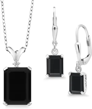 Gem Stone King Pendant and Earrings Jewelry Set For Women | Emerald Cut 14X10MM and 8X6MM | Round 1.5MM | Gemstone Birthstone and Diamond | 925 Sterling Silver | With 18 Inch Silver Chain