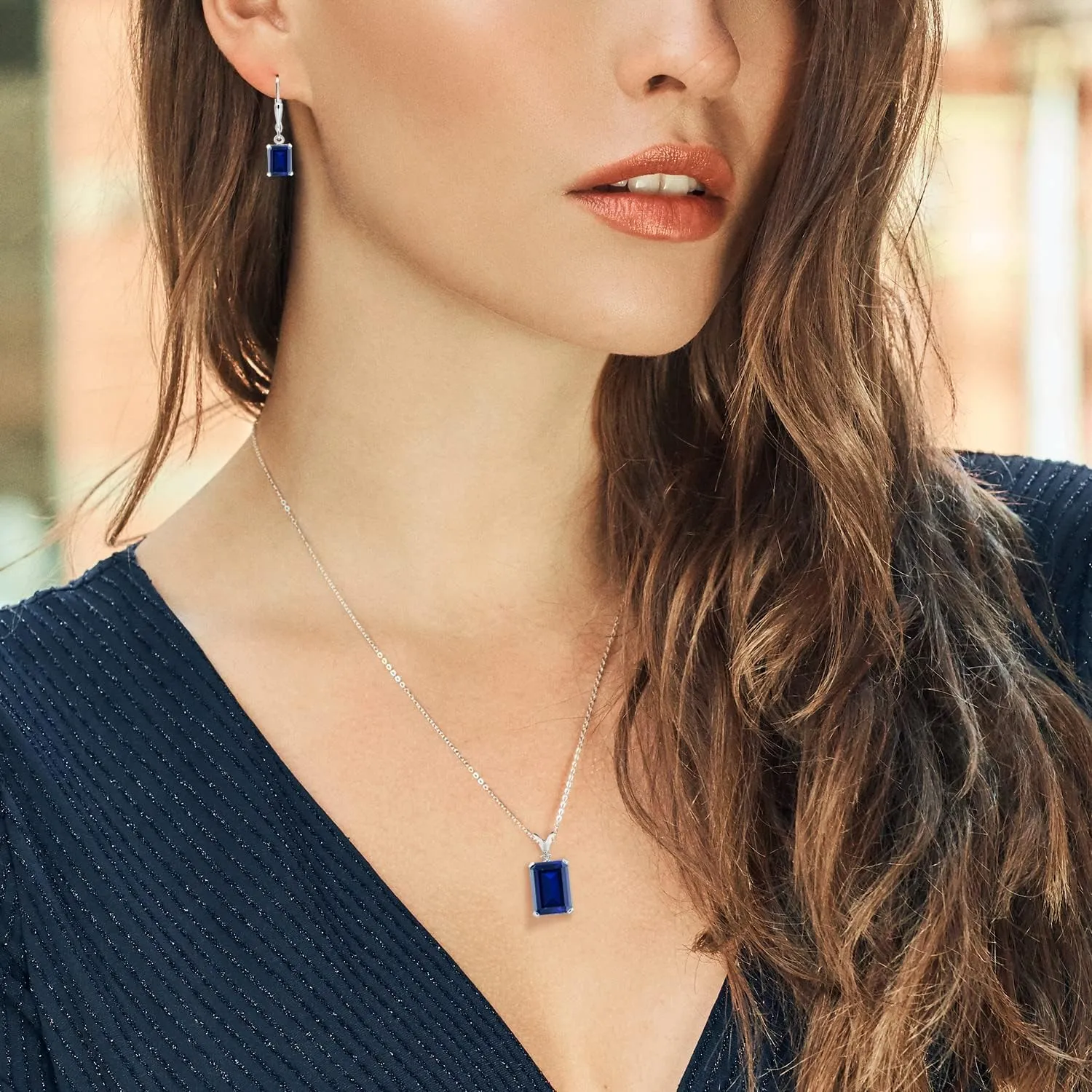 Gem Stone King Pendant and Earrings Jewelry Set For Women | Emerald Cut 14X10MM and 8X6MM | Round 1.5MM | Gemstone Birthstone and Diamond | 925 Sterling Silver | With 18 Inch Silver Chain