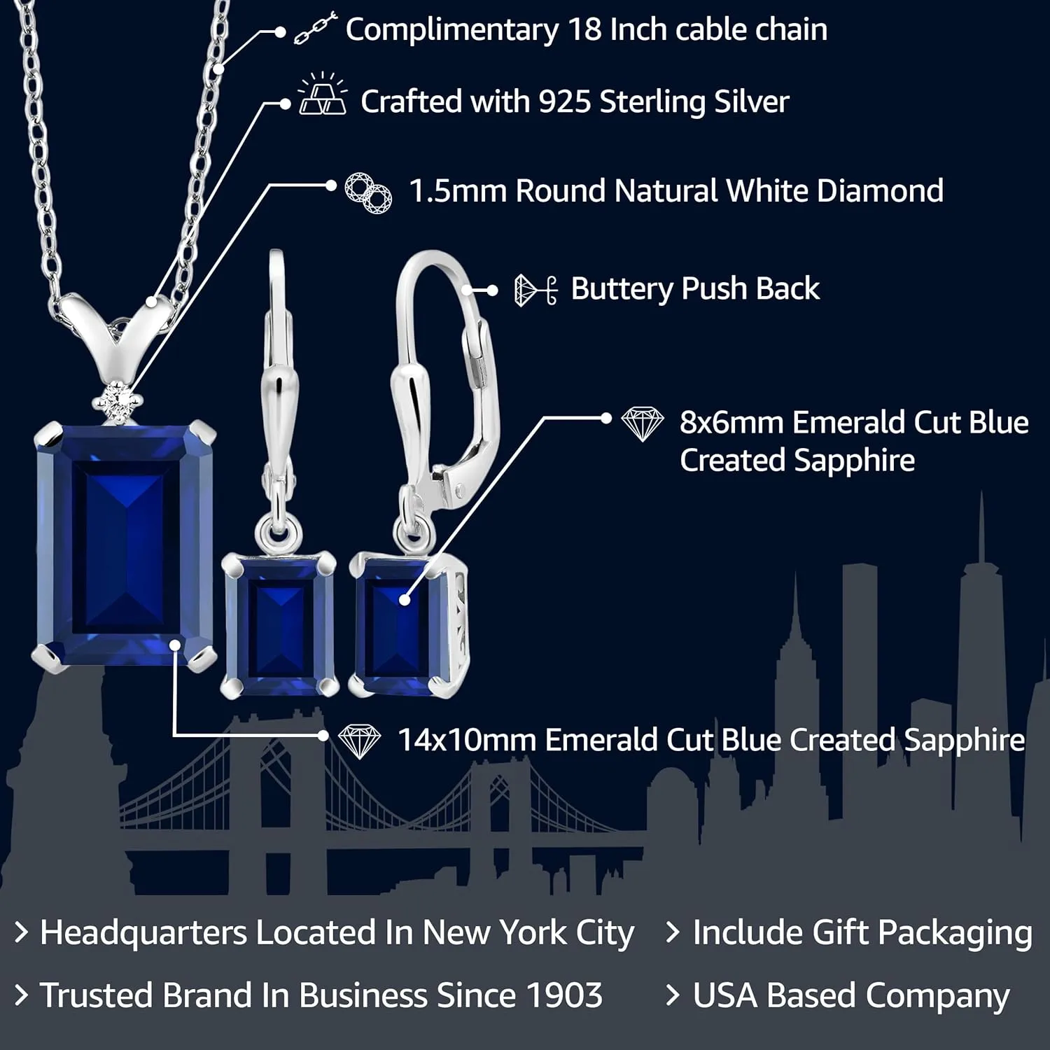 Gem Stone King Pendant and Earrings Jewelry Set For Women | Emerald Cut 14X10MM and 8X6MM | Round 1.5MM | Gemstone Birthstone and Diamond | 925 Sterling Silver | With 18 Inch Silver Chain