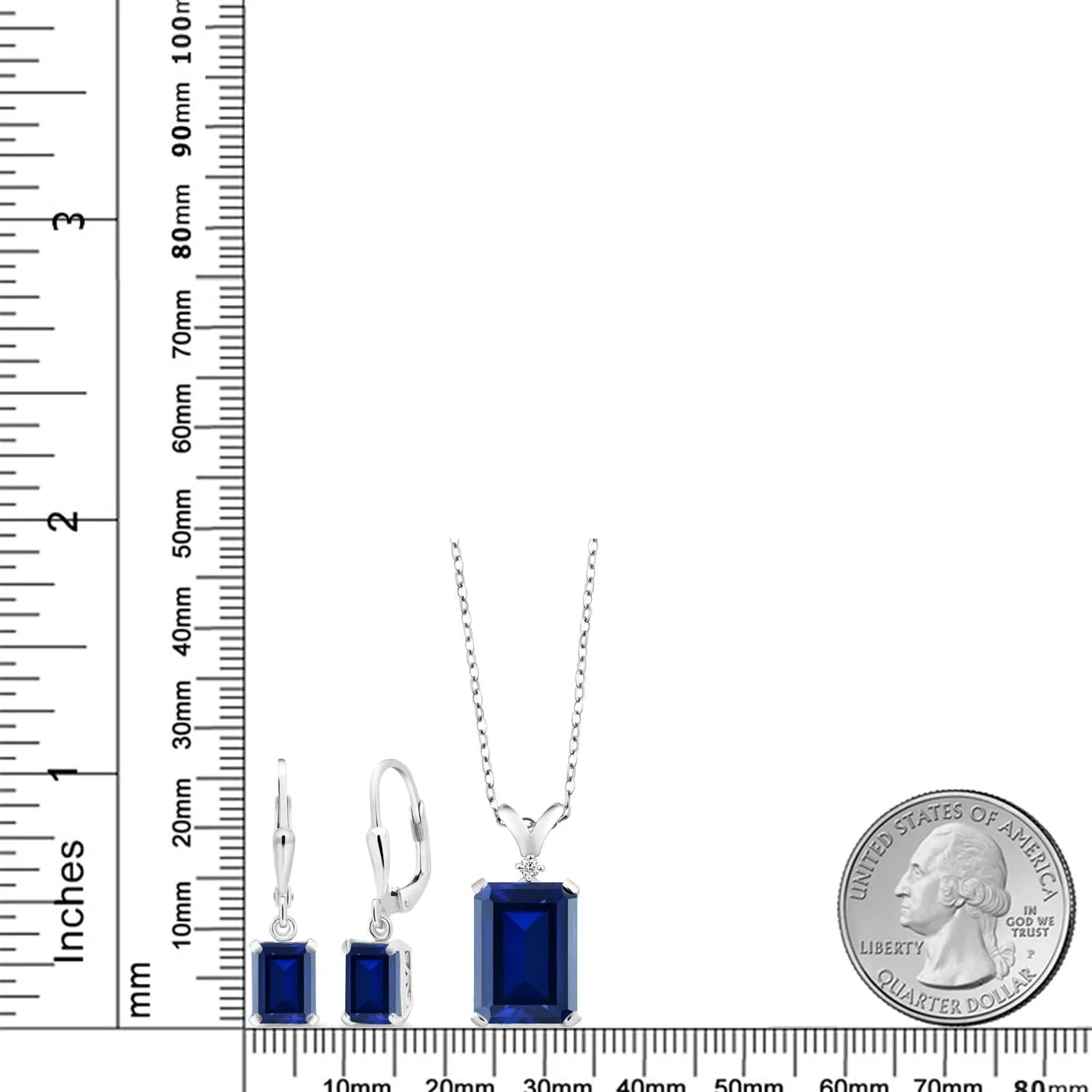Gem Stone King Pendant and Earrings Jewelry Set For Women | Emerald Cut 14X10MM and 8X6MM | Round 1.5MM | Gemstone Birthstone and Diamond | 925 Sterling Silver | With 18 Inch Silver Chain