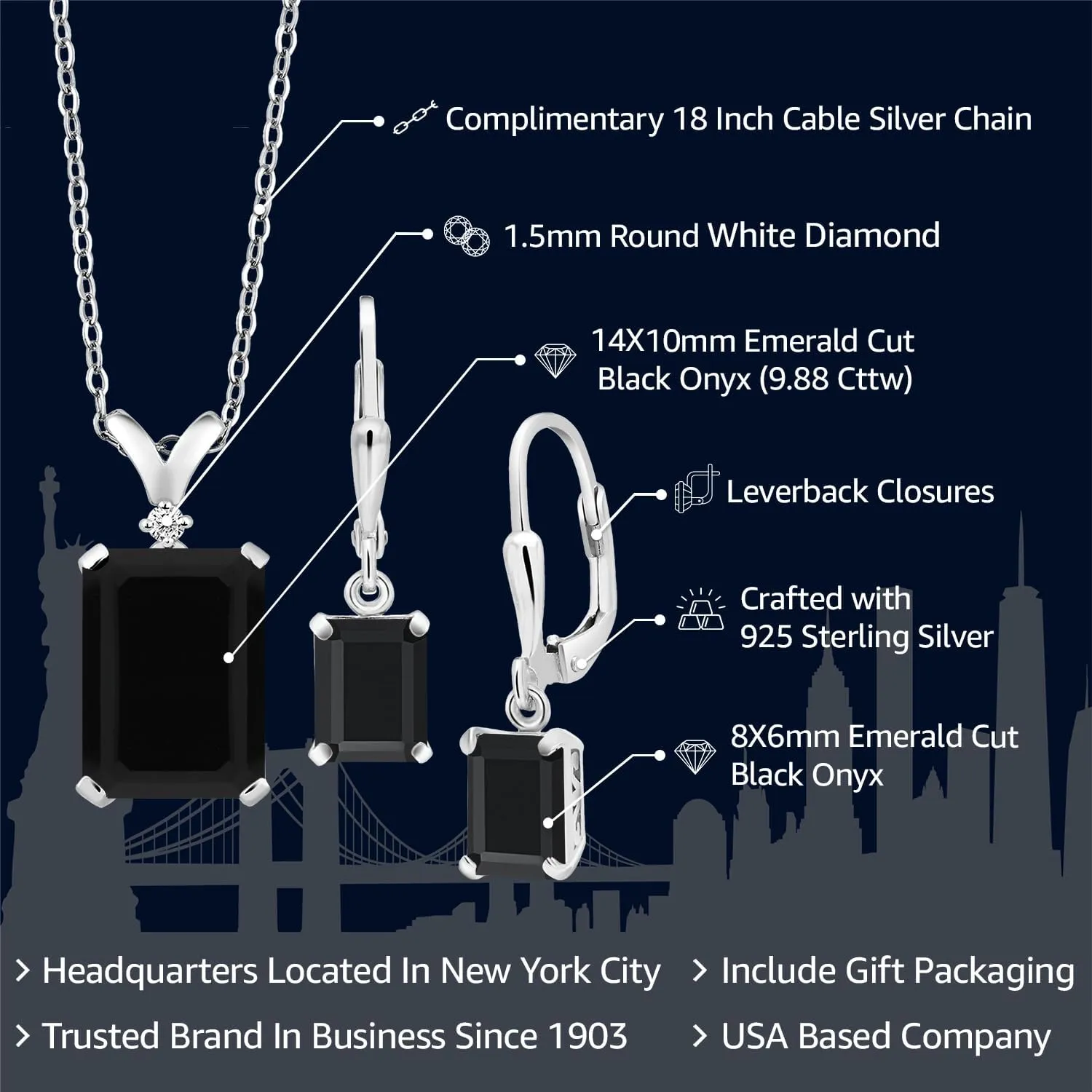 Gem Stone King Pendant and Earrings Jewelry Set For Women | Emerald Cut 14X10MM and 8X6MM | Round 1.5MM | Gemstone Birthstone and Diamond | 925 Sterling Silver | With 18 Inch Silver Chain