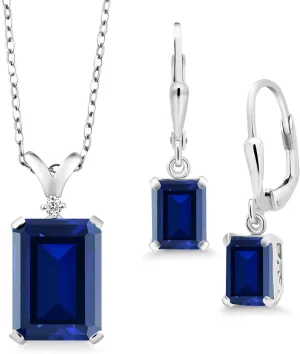 Gem Stone King Pendant and Earrings Jewelry Set For Women | Emerald Cut 14X10MM and 8X6MM | Round 1.5MM | Gemstone Birthstone and Diamond | 925 Sterling Silver | With 18 Inch Silver Chain