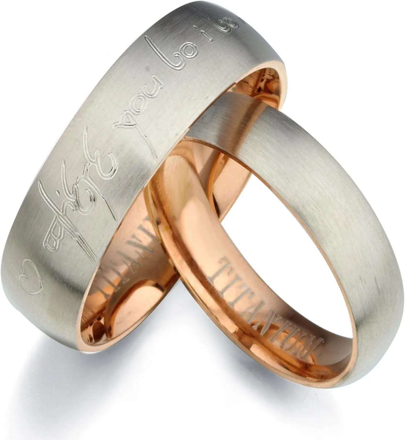 Gemini Personalized His and Her Groom and Bride Men and Women Two Tone Rose Gold match Platinum Brushed Matte Titanium Wedding Ring Set Valentine Day Gift