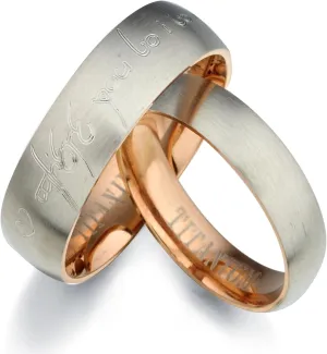 Gemini Personalized His and Her Groom and Bride Men and Women Two Tone Rose Gold match Platinum Brushed Matte Titanium Wedding Ring Set Valentine Day Gift
