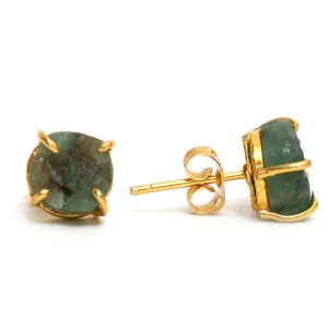 Gempires Natural Raw Green Emerald Stud Earrings Simple Dainty Jewelry May Birthstone Crystal with Gold Plated Prong Setting Formal Events and Everyday Elegance