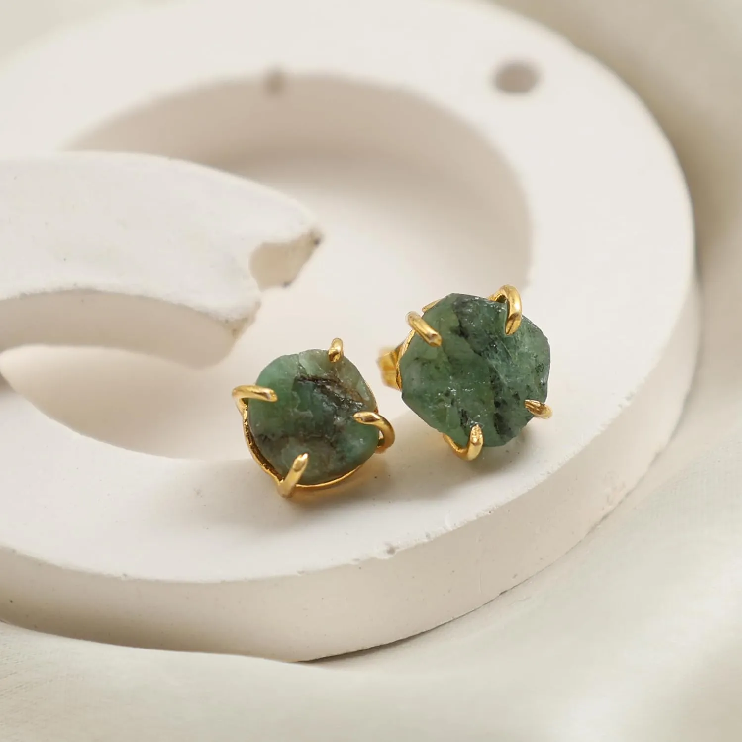 Gempires Natural Raw Green Emerald Stud Earrings Simple Dainty Jewelry May Birthstone Crystal with Gold Plated Prong Setting Formal Events and Everyday Elegance