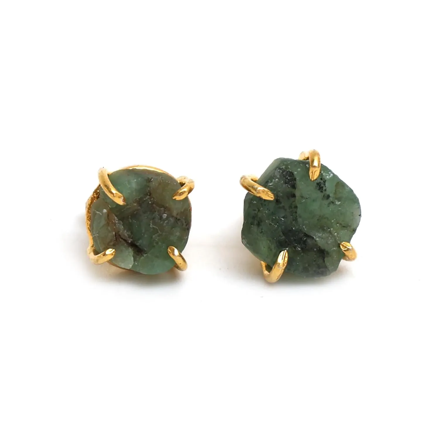 Gempires Natural Raw Green Emerald Stud Earrings Simple Dainty Jewelry May Birthstone Crystal with Gold Plated Prong Setting Formal Events and Everyday Elegance