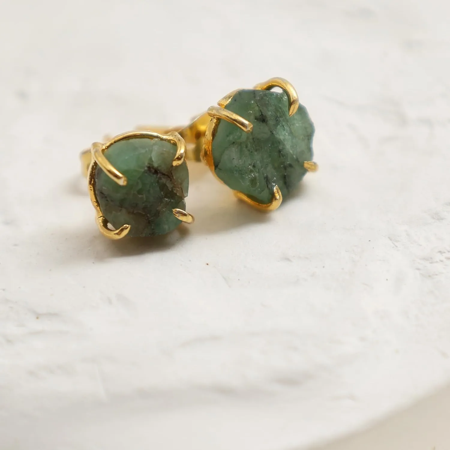 Gempires Natural Raw Green Emerald Stud Earrings Simple Dainty Jewelry May Birthstone Crystal with Gold Plated Prong Setting Formal Events and Everyday Elegance